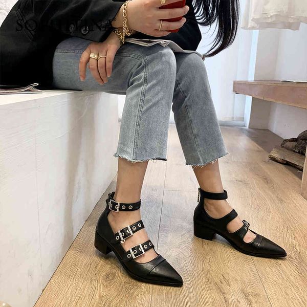 

sophitina pumps woman genuine leather pointed toe shallow rome style buckle strap med square heel shoes pb16 210513, Black