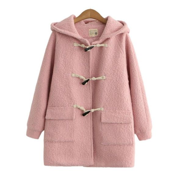 

women's wool & blends solid long straight hooded coats women 2021 winter pure full sleeve pocket korean ladies warmness outwear, Black