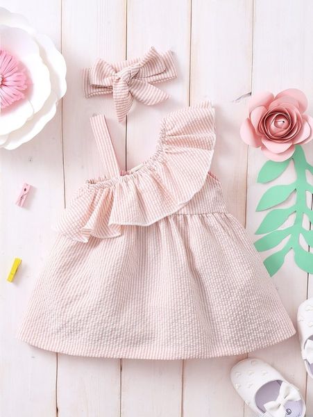 

baby striped ruffle trim asymmetric neck dress & headband she, Red;yellow