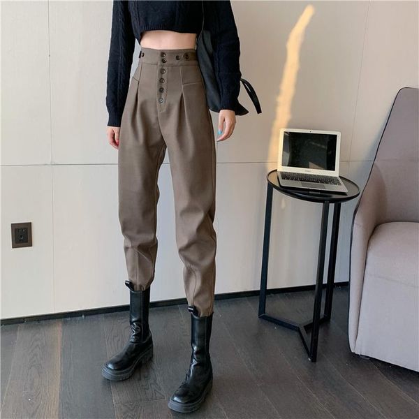 

fashion woolen pants women thick korean style loose high-waist straight-leg with buttoned design casual trousers women's & capris, Black;white