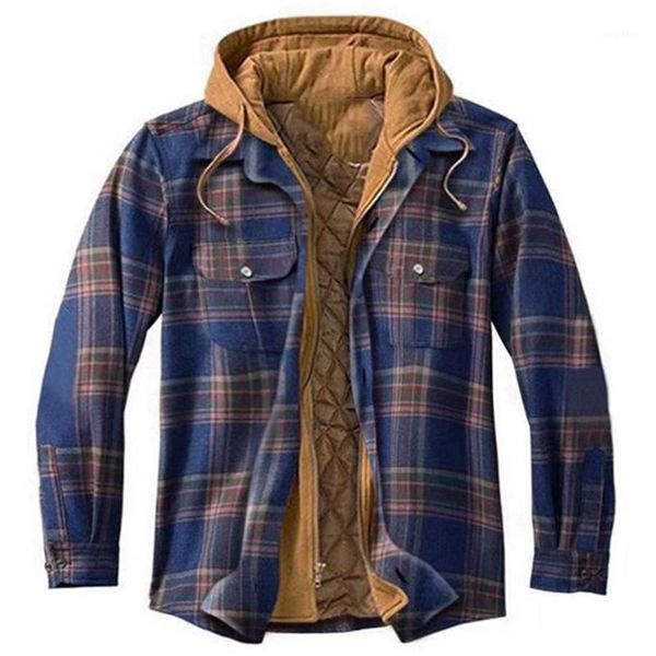 

men's jackets vintage style shirt european and american autumn winter thick cotton plaid long-sleeved loose hooded jacket, Black;brown