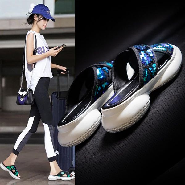 

slippers leisure open toe sports slides women bling med outside summer flat with geometric slip-on ladies shoes rubber pu, Black