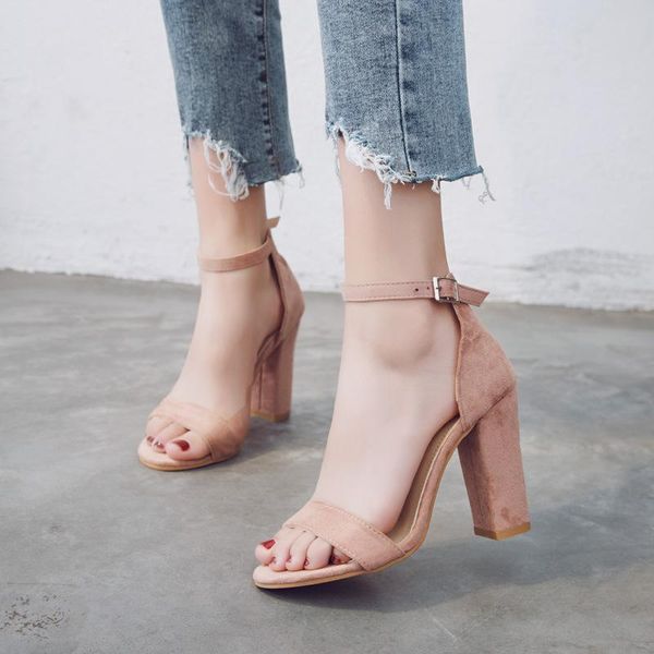 

fashion solid summer high heels sandals ankle strap square women shoes buckle flock ladies, Black