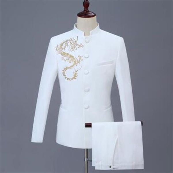 

men's suits & blazers bright drill men chinese tunic suit set pants mens wedding white costume singer star style stage clothing formal, White;black