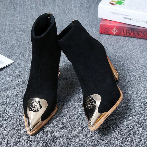 

boots short boot women's fall winter 2021 thick heel metal pointed high with back zipper frosted, Black