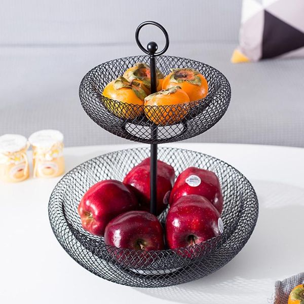 

storage baskets household 2 layer fruit plate countermetal basket black retro style tray rack 1 pcs