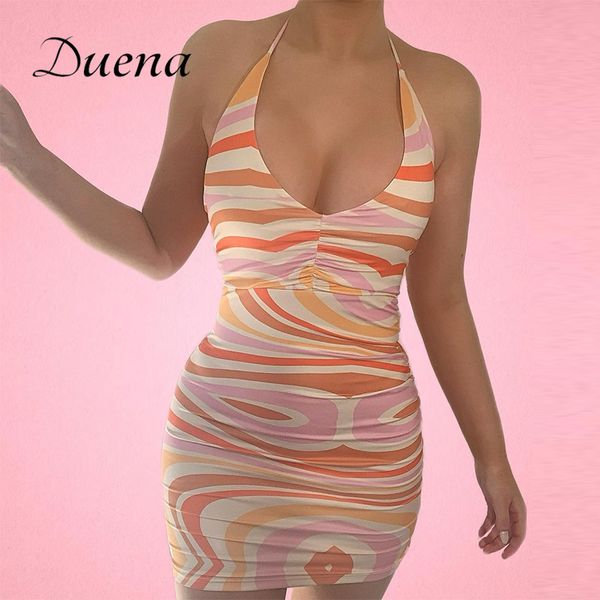 

2021duena tie dye mini bodycon dress club wear summer ladies clothes women print backless off shoulder brown sheath dress 2021, Black;gray