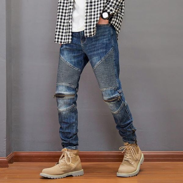 

men's jeans american street fashion men retro blue slim fit spliced designer biker bottom zipper hip hop denim punk pants