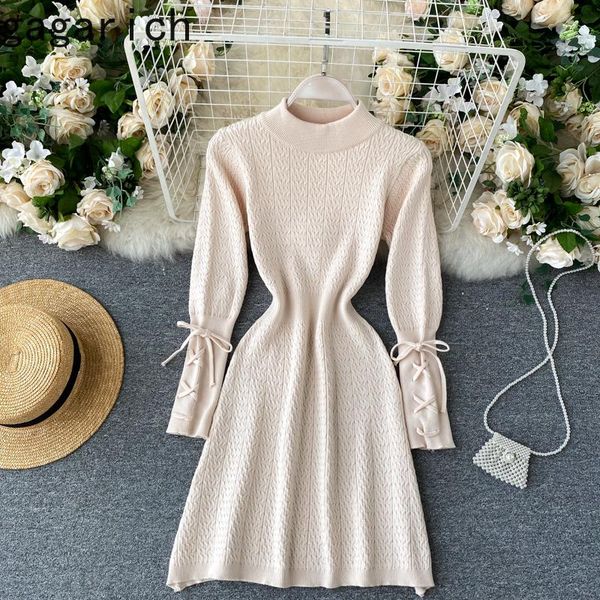 

gagarich women elegant long sleeve dress knitted female autumn winter 2021 temperament slim short a-line vestidos fashion casual dresses, Black;gray