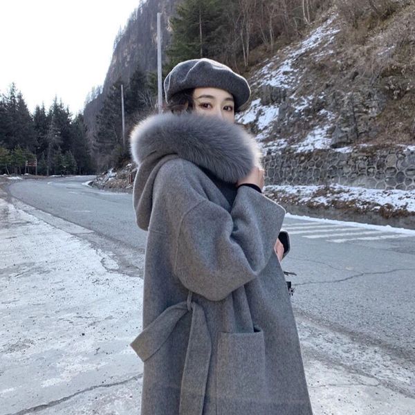 Nova coleira de pele de raposa de raposa de feminina com capuz casca de cashmere de dupla face média 100% puro lã alpaca casaco bolso