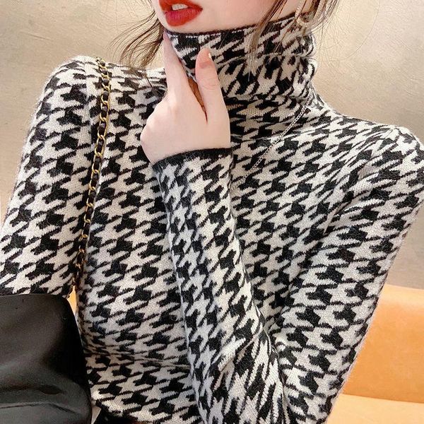

women's sweaters 2021 autumn winter houndstooth tight turtleneck sweater plaid knitted women luxury chic shirt pullover slim korean sty, White;black