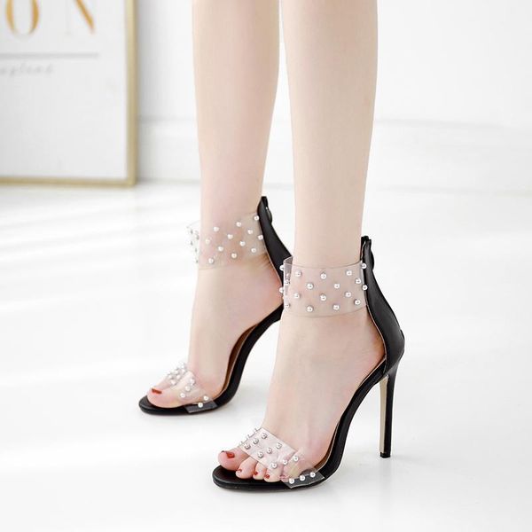 

dress shoes transparent studded high heeled stiletto heel sandals summer woman, Black