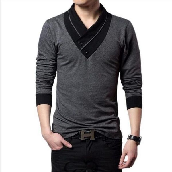 

brand fashion men button decoration t-shirt patchwork v-neck long sleeve slim fit plus size 5xl men's t-shirts, White;black