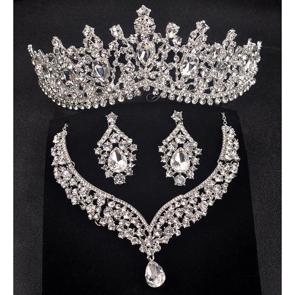 

earrings & necklace korean simple wedding bridal jewelry three-piece crystal headdress for women's crown dress accessories, Silver