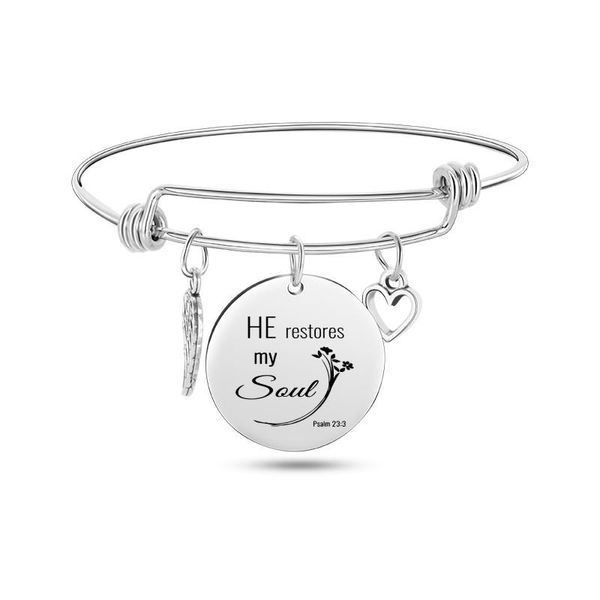 Bibbia Pslam Bangle Acciaio inossidabile Inciso Ciondolo versetto Hollow Angel Wing Heart Charms Bracciali Braccialetti Gioielli cristiani