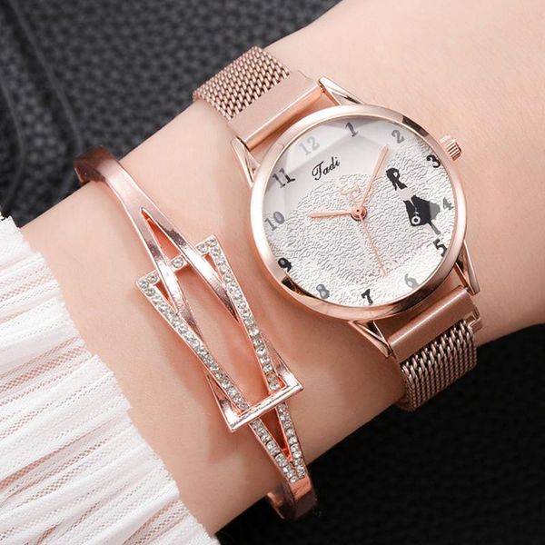 

wristwatches simple 2021 diamond luxury women watches starry sky rose gold magnet mesh band rhinestones quartz wristwatch ladies female watc, Slivery;brown