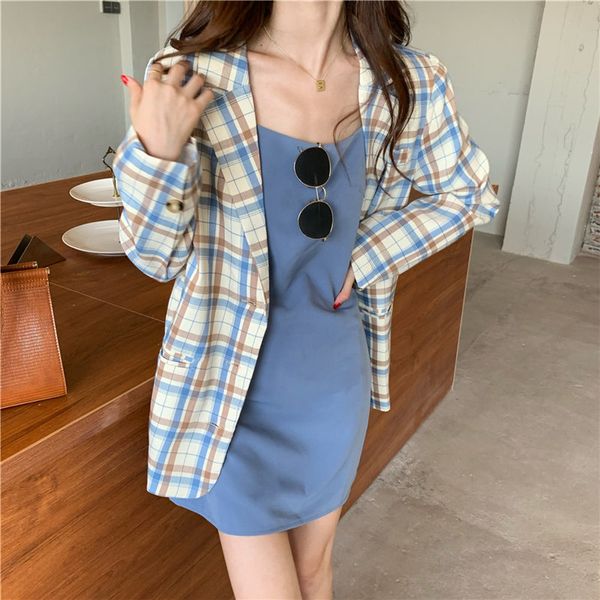 

retro office lady geometric streetwear vintage plaid coats all match femme ol loose jackets casual blazers 210421, White;black
