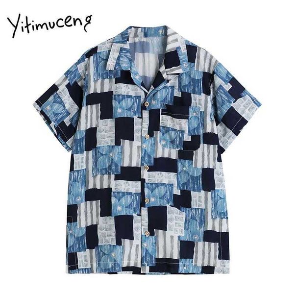 Yitimuceng contraste cor blusa mulheres botão para cima camisas de tamanho grande verão v-pescoço azul moda coreana manga curta tops 210601