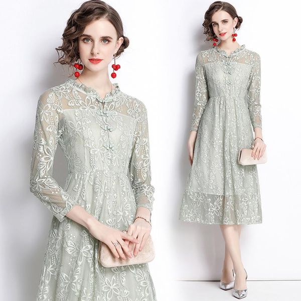 

casual dresses simgent long lace dress women buckle three quarter sleeve a line elegant midi robe dentelle vestidos jurken sg1984, Black;gray