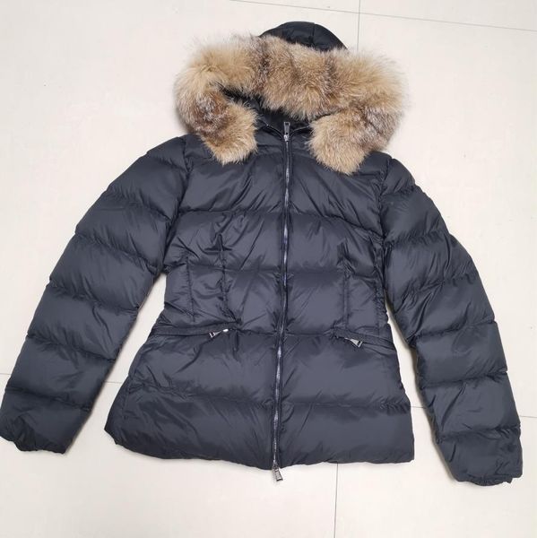 

women nylon short down jacket mental zipper pockets beltthick warm coat classic designer lady fur hood long winter outwear, Black