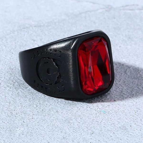 

cluster rings men's red stone ring with black stainless steel crystal signet biker jewelry, Golden;silver