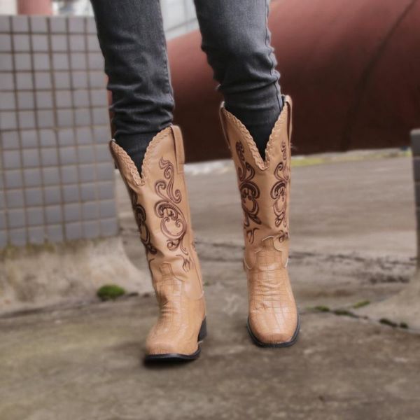 

boots fashion western riding women shoes autumn knee high round toe chunky heels cowboy slip-on embroider ladies, Black