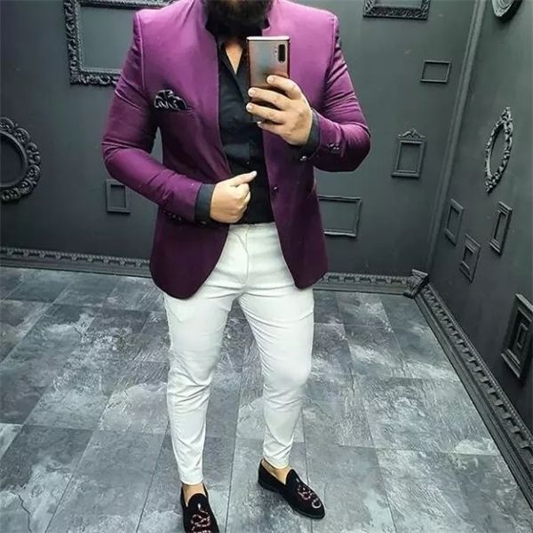 Fatos de Mens Roxo com Calça Branca Um Botão Slim Fit 2 Peças (jaqueta de smoking + Calças) Noivo de casamento Tuxedos terno de formatura Blazer X0608