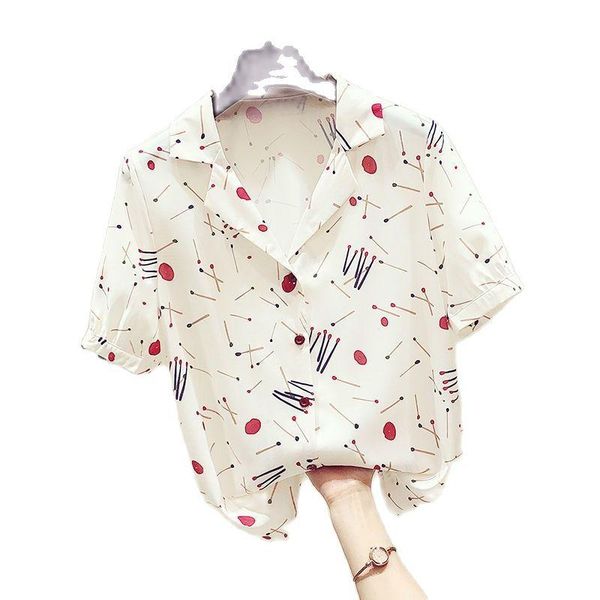 

women's blouses & shirts suit collar retro port flavor fashion flower shirt french chiffon short-sleeved 2021 summer, White