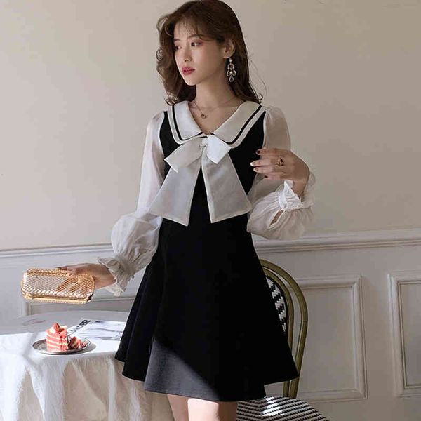 

2020 spring school dress sweet bowknot peter pan collar chiffon long sleeve a-line skater dress female casual cute cloth, Black;gray
