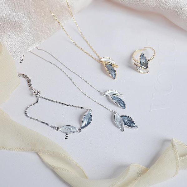

earrings & necklace retro leaf blue zircon light color women fashion temperament ring bracelet set, Silver