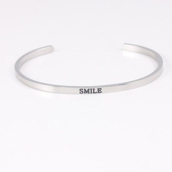 

bangle fashion stainless steel bar open cuff women hand imprint engraved smile mantra bracelet jewelry, Black