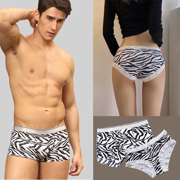 

underpants 2pcs fashion couple underwear set ice silk panties mens boxers women lovely lace for lover's, Black;white