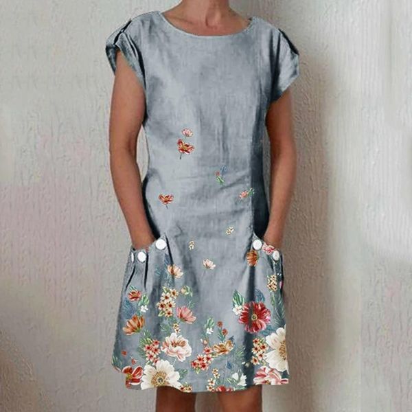 

casual dresses 40# vintage floral printed pocket dress short sleeve o neck button summer loose cotton and line vestidos, Black;gray
