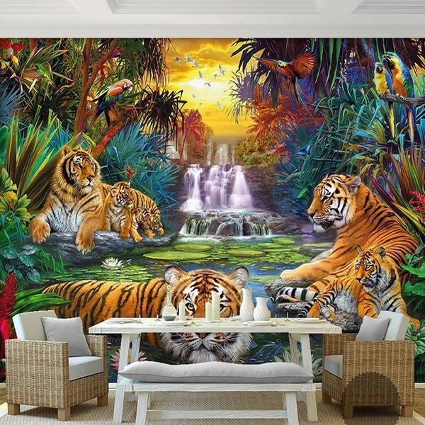 

custom 3d po wall original forest waterfall tigers animal large mural self adhesive wallpaper living room bedroom waterproof wallpapers
