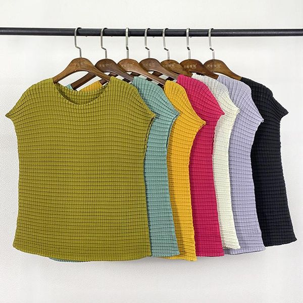 

summer miyake pleated casual wear crop plus size loose straight pants women plaid aesthetic two piece set women's, White