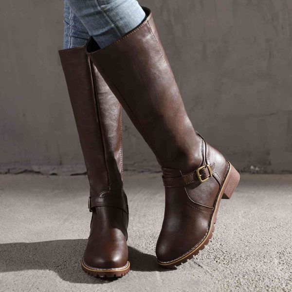 

boot women in leather long casual riding belt buckle autumn zipper thigh high loose mujer boots 2021 05sm, Black