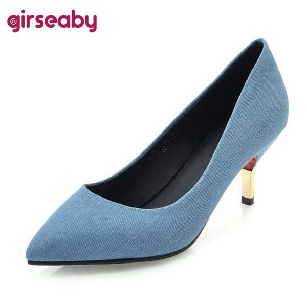 

girseaby denim women pumps shoes high heel pointed party lady stilettos sapatos feminino chaussures blue dress, Black