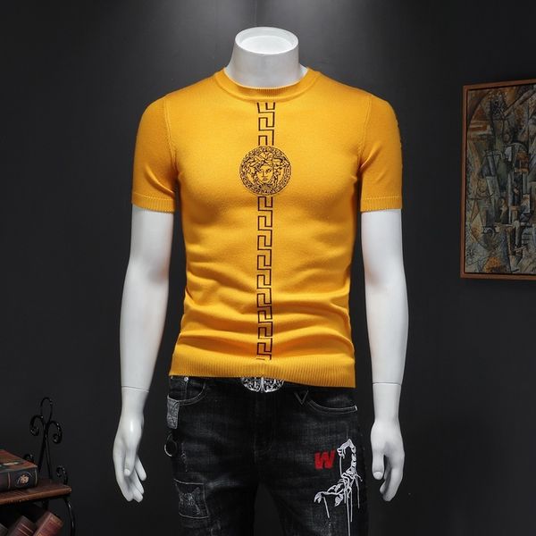

sweaters fashion knit short sleeve sweater men's half spring autumn korean trend embroidery slim bottomed ted t-shirt, White;black