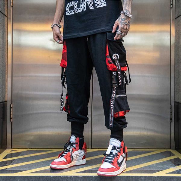 

men hip cargo pants streetwear harajuku joggers sweatpants tactical pants camouflage pockets buckle ribbon track trousers 210527, Black