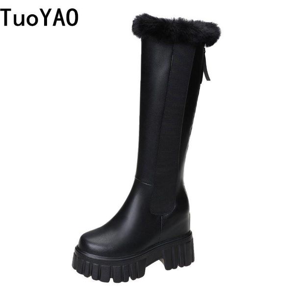 

boots women winter wedges heels knee high warm snow 10cm thick sole motorcycle platform long botas mujer, Black