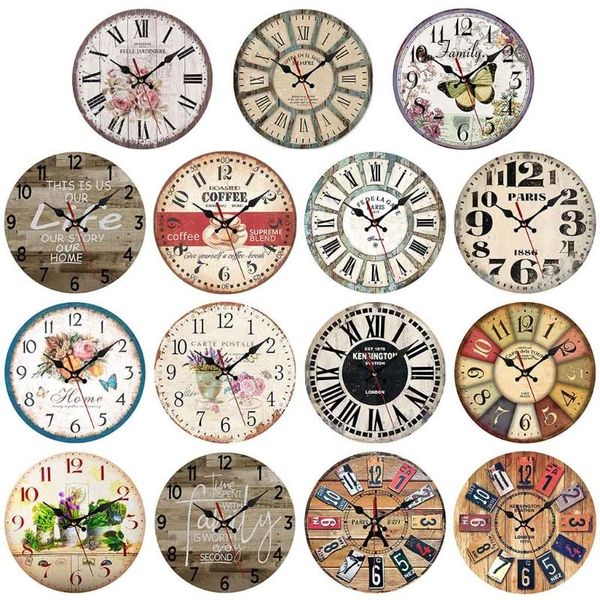 

wall clocks clock round wooden wall-mounted 12 inch silent non-ticking for kitchen cafe shop decoration