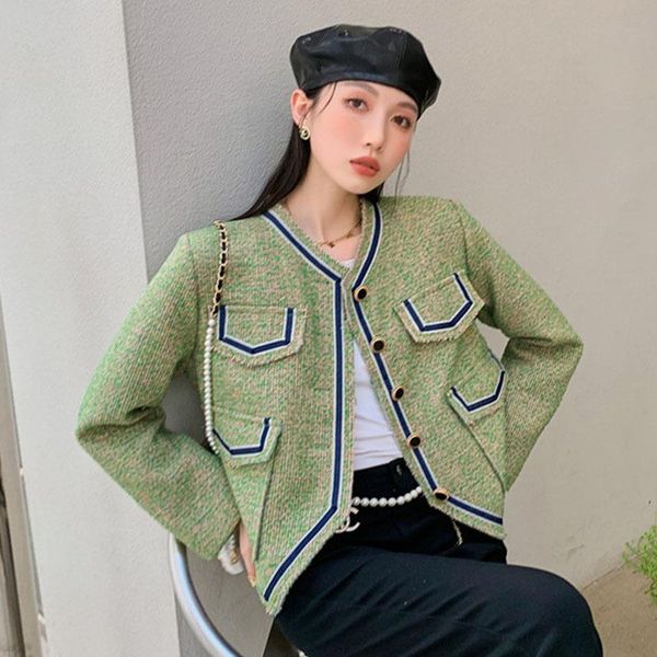 

women's suits & blazers [ewq] fashion contrast multi pocket retro sim women autumn 2021 spring v-neck single breasted suit green jacket, White;black