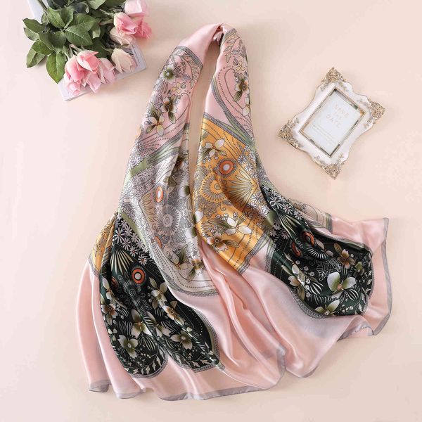 

spring and summer printed cashew flower new satin sunscreen shawl beach towel versatile hangzhou silk scarf women's national style, Blue;gray