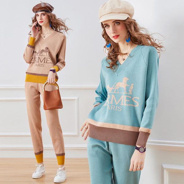 

women's two piece pants knitted tracksuit women autumn winter v-neck long sleeve sweater pullover high waist 2 set suit, White