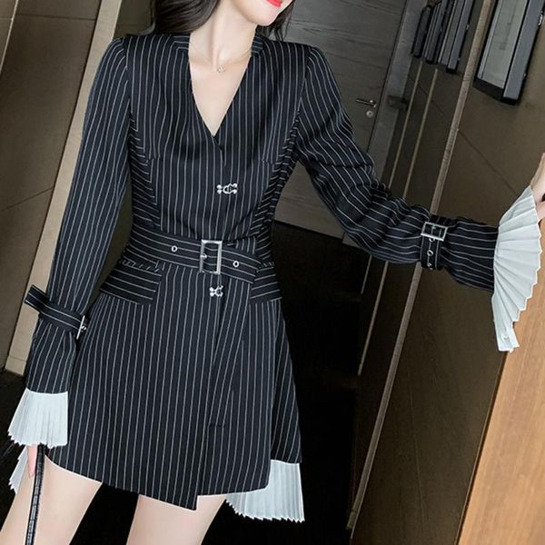 

casual dresses korean black stripes office dress women gothic v neck short party elegant ruffles long sleeve french vintage 2021, Black;gray