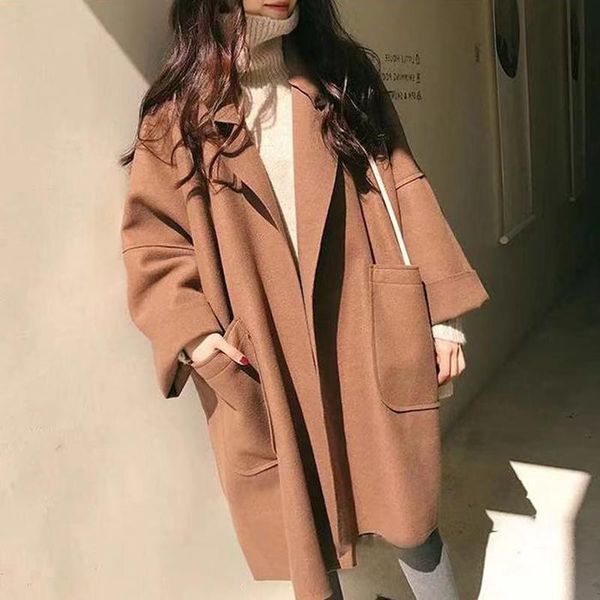 

women's wool & blends long woman coat korean preppy style loose oversized solid color lapel show thin black 2021 autumn women