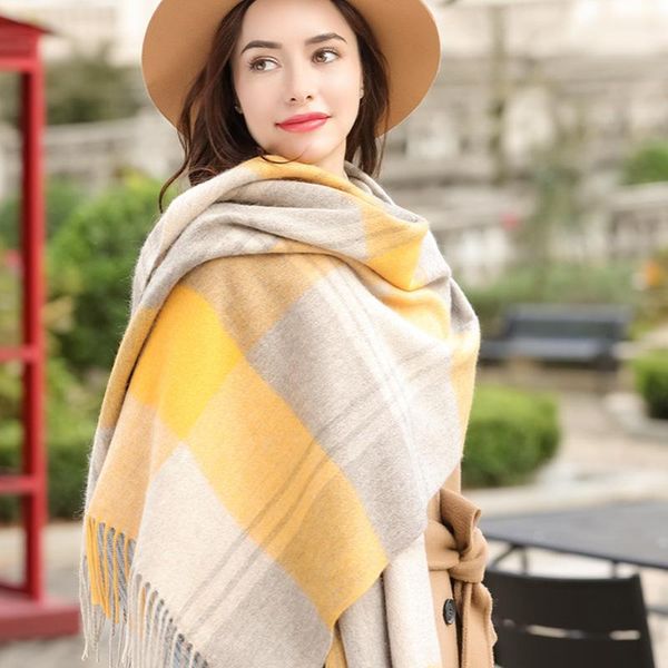 

scarves winter 100% real wool scarf for women plaid cashmere large shawl and wraps ladies warm natural echarpe pashmina, Blue;gray
