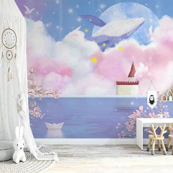 

custom po wallpaper nordic ins hand-painted artistic color cloud whale mural children's room background wall papel de parede wallpapers