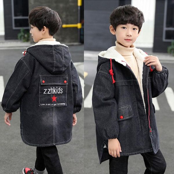 

boys thick fleece denim jacket cotton-padded casual coat 3-15years kids warm parka vintage girls children hooded overcoats, Blue;gray