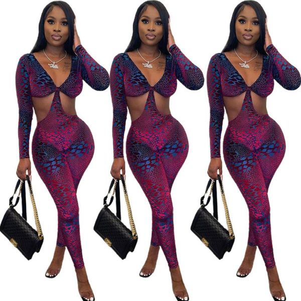 

ethnic clothing 2021 printing polyester african clothes for women autumn long sleeve v-neck jumpsuit, Red